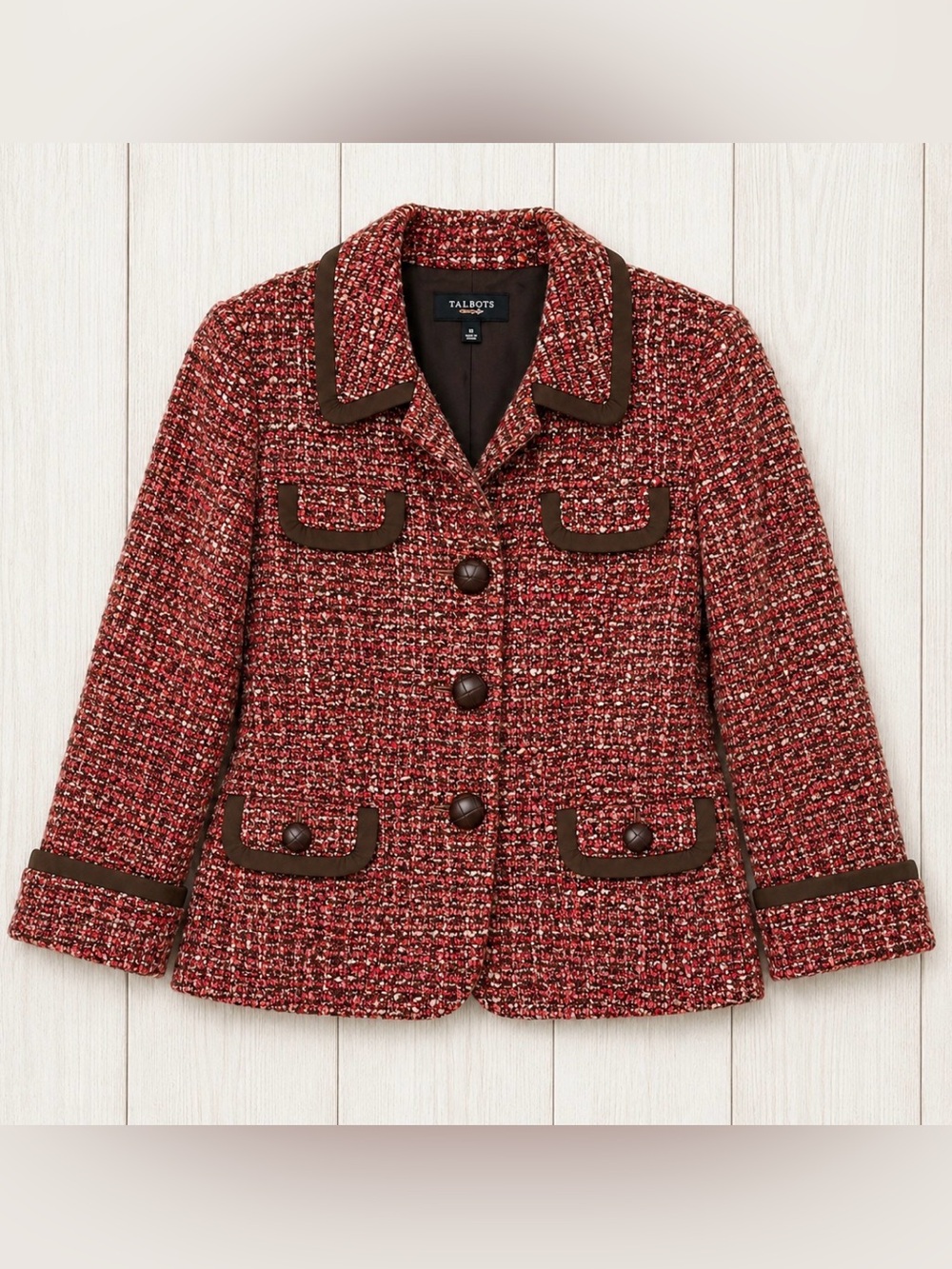 Talbots Size 10 Tweed Wool Blend Jacket Blazer Brown Trim Preppy